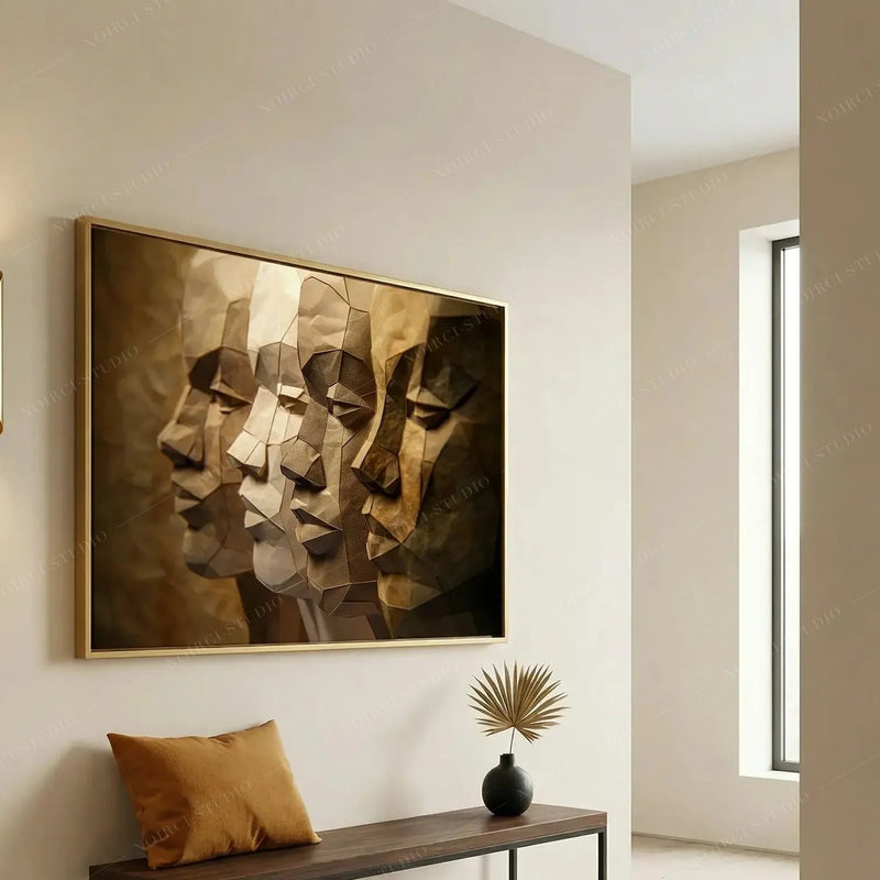 African American art for an entryway, gold-framed paper-craft men profiles above a bench with a mustard cushion