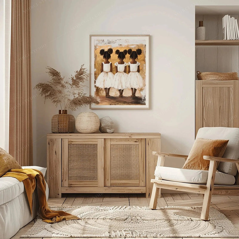 Black art for living room, three sisters print above a cane sideboard with pampas stems and a rattan armchair