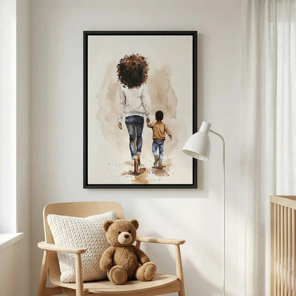 Black family art above a wood armchair and teddy bear in a kids' room, watercolor of a mother and son walking hand in hand