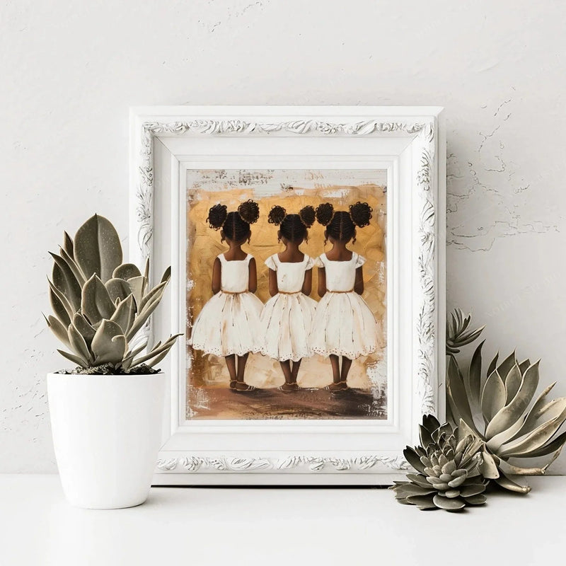 Three sisters painting in an ornate white frame, styled with potted succulents on a bright tabletop