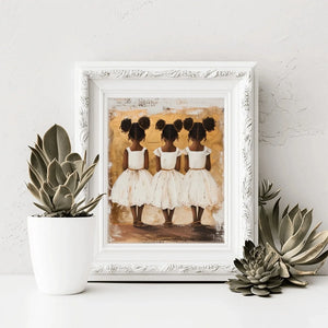 Three sisters painting in an ornate white frame, styled with potted succulents on a bright tabletop