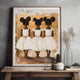 Black family art of three little sisters in white dresses, gold-toned painting styled on a wood bench with dried stems