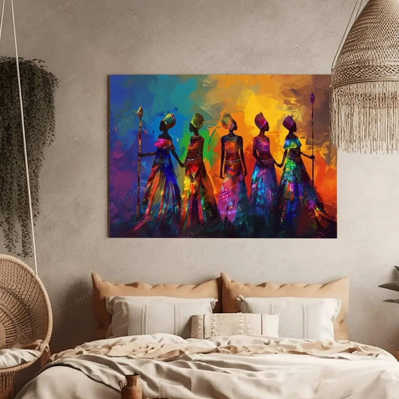 African American art for the bedroom, five colorful women silhouettes above tan pillows in a boho bedroom with macrame