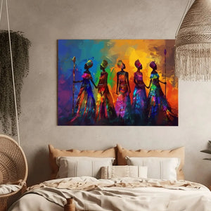 African American art for the bedroom, five colorful women silhouettes above tan pillows in a boho bedroom with macrame