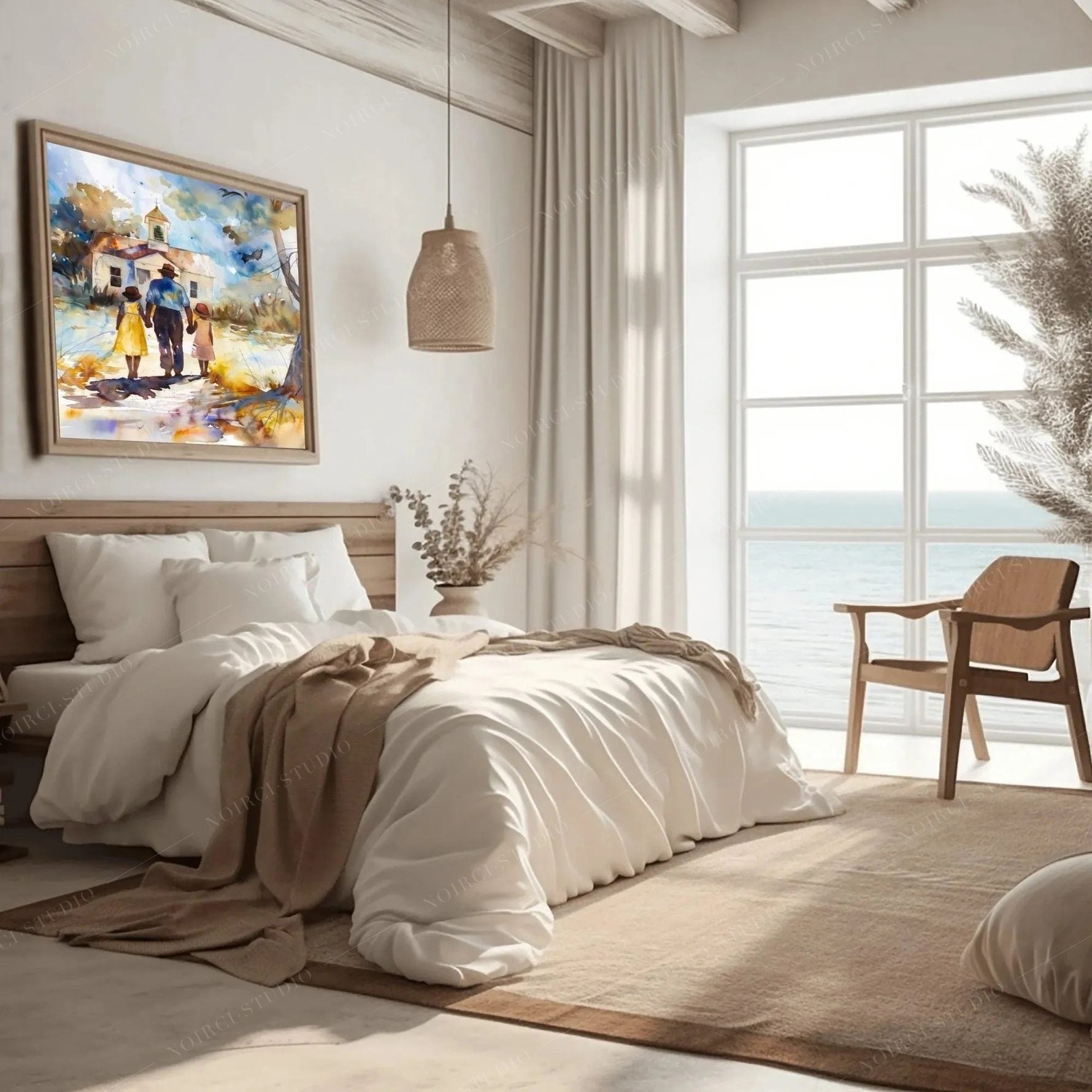 Black art for the bedroom, church walk watercolor above linen bedding in a coastal room with an ocean view