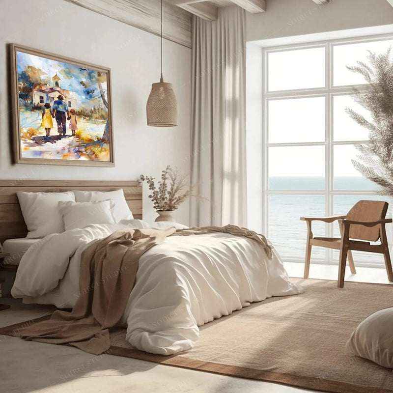 Black art for the bedroom, church walk watercolor above linen bedding in a coastal room with an ocean view