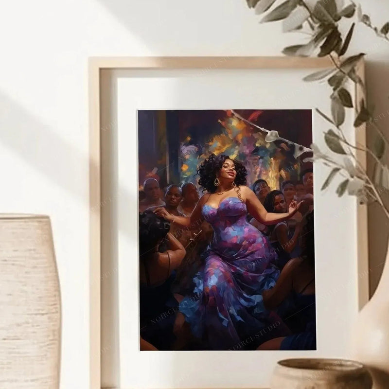 Framed print of a Black woman dancing, leaning beside eucalyptus stems in soft window light