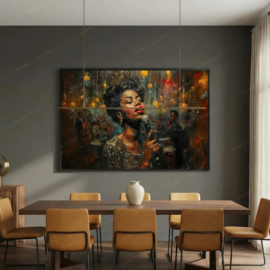 African American dining room art, jazz singer painting on a dark gray wall above a walnut table with tan chairs