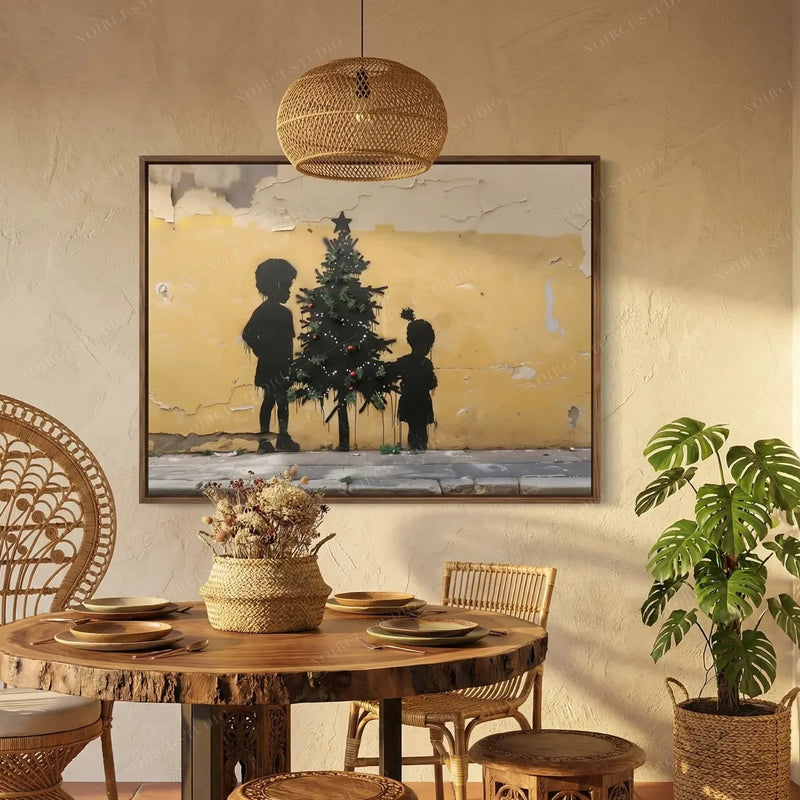 Black family holiday art in a boho dining room with rattan peacock chairs and a live-edge wood table