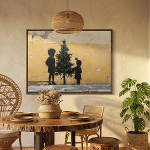 Black family holiday art in a boho dining room with rattan peacock chairs and a live-edge wood table