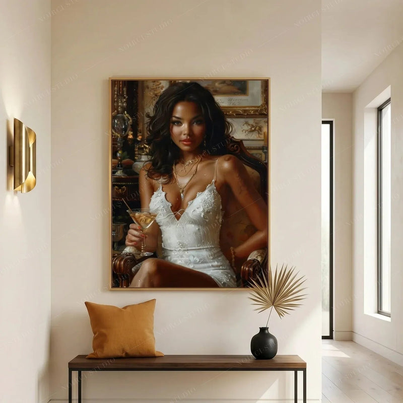 African American wall decor above an entryway bench with a mustard pillow, brass sconces, and dried palm in a black vase