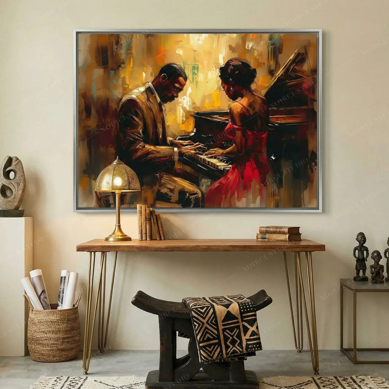 Modern Black art for an apartment entryway, jazz piano couple above a hairpin console with African figures
