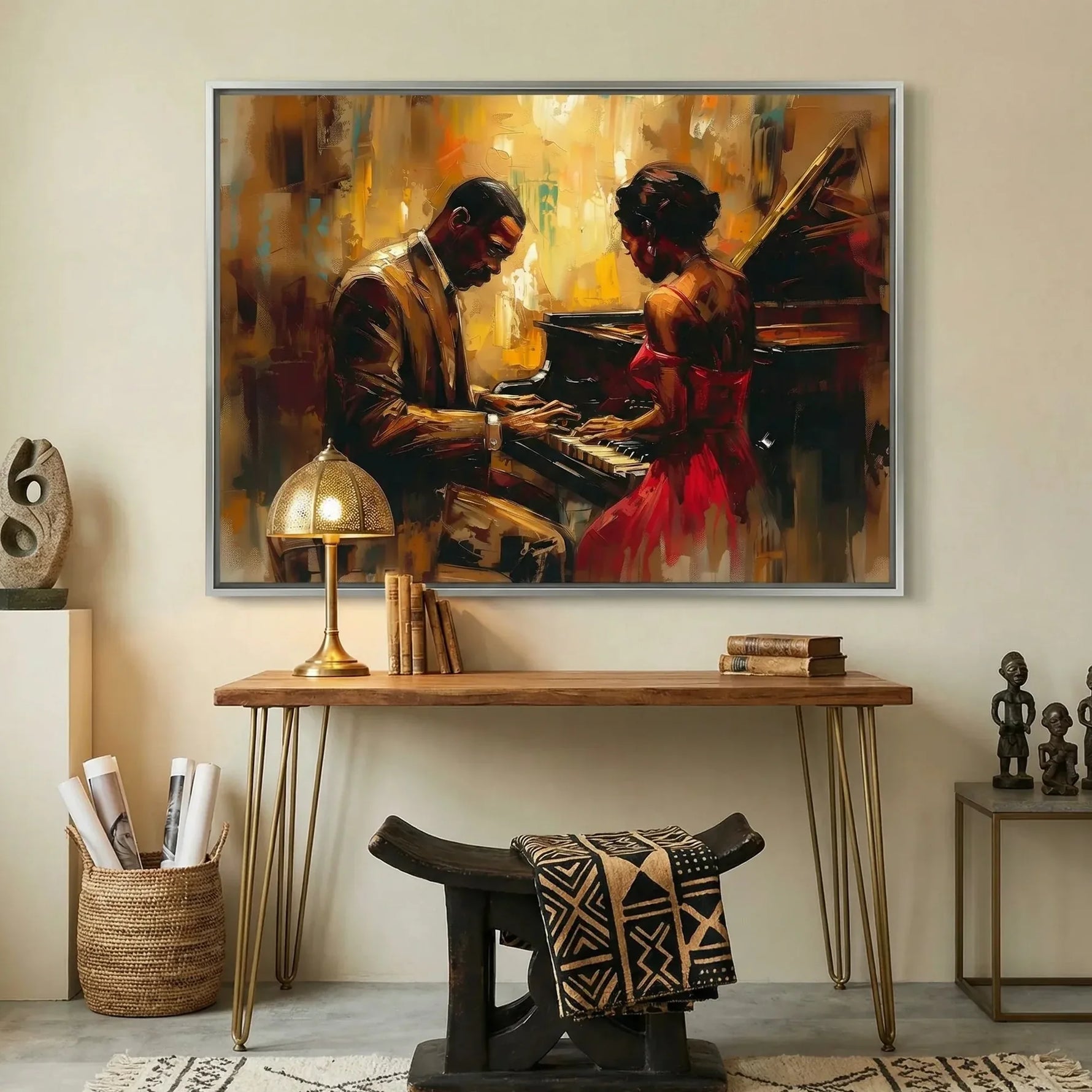 Modern Black art for an apartment entryway, jazz piano couple above a hairpin console with African figures