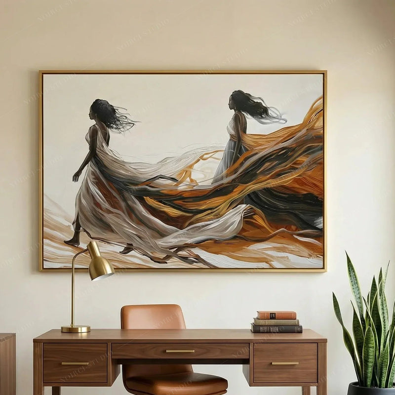 African American art for a home office, women in silk gowns art above a walnut desk with a brass lamp