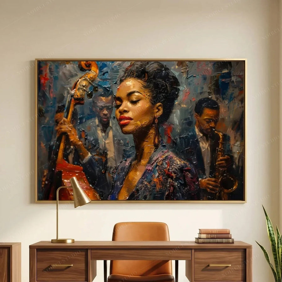 Modern Afro art for an office, young jazz singer above a walnut desk with a brass lamp and leather chair