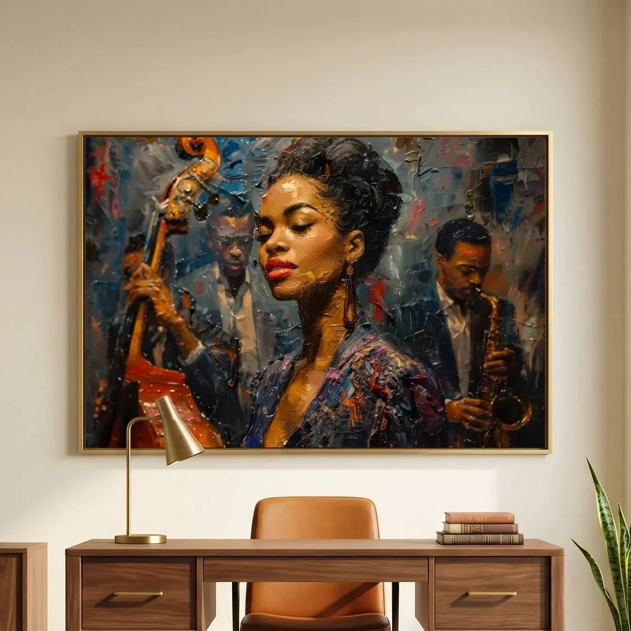 Modern Afro art for an office, young jazz singer above a walnut desk with a brass lamp and leather chair