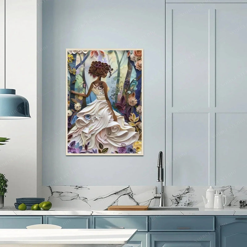 Black kitchen wall art, quilled girl canvas in a powder blue kitchen with marble counters and pendant lamps