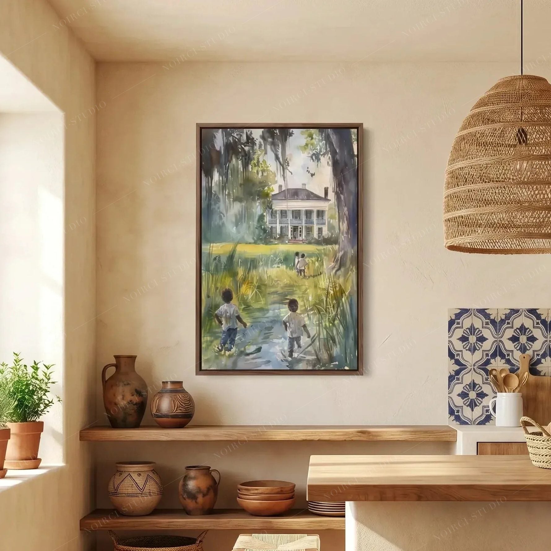 Southern kitchen art, children wading a creek watercolor above wood shelves with pottery and blue tile
