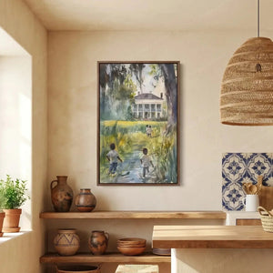 Southern kitchen art, children wading a creek watercolor above wood shelves with pottery and blue tile