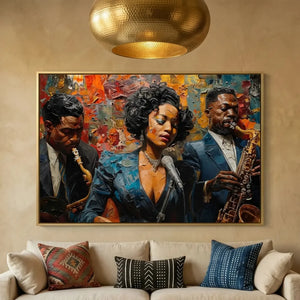 Black art for living room decor, jazz trio painting on a plaster wall above a cream sofa with kilim pillows