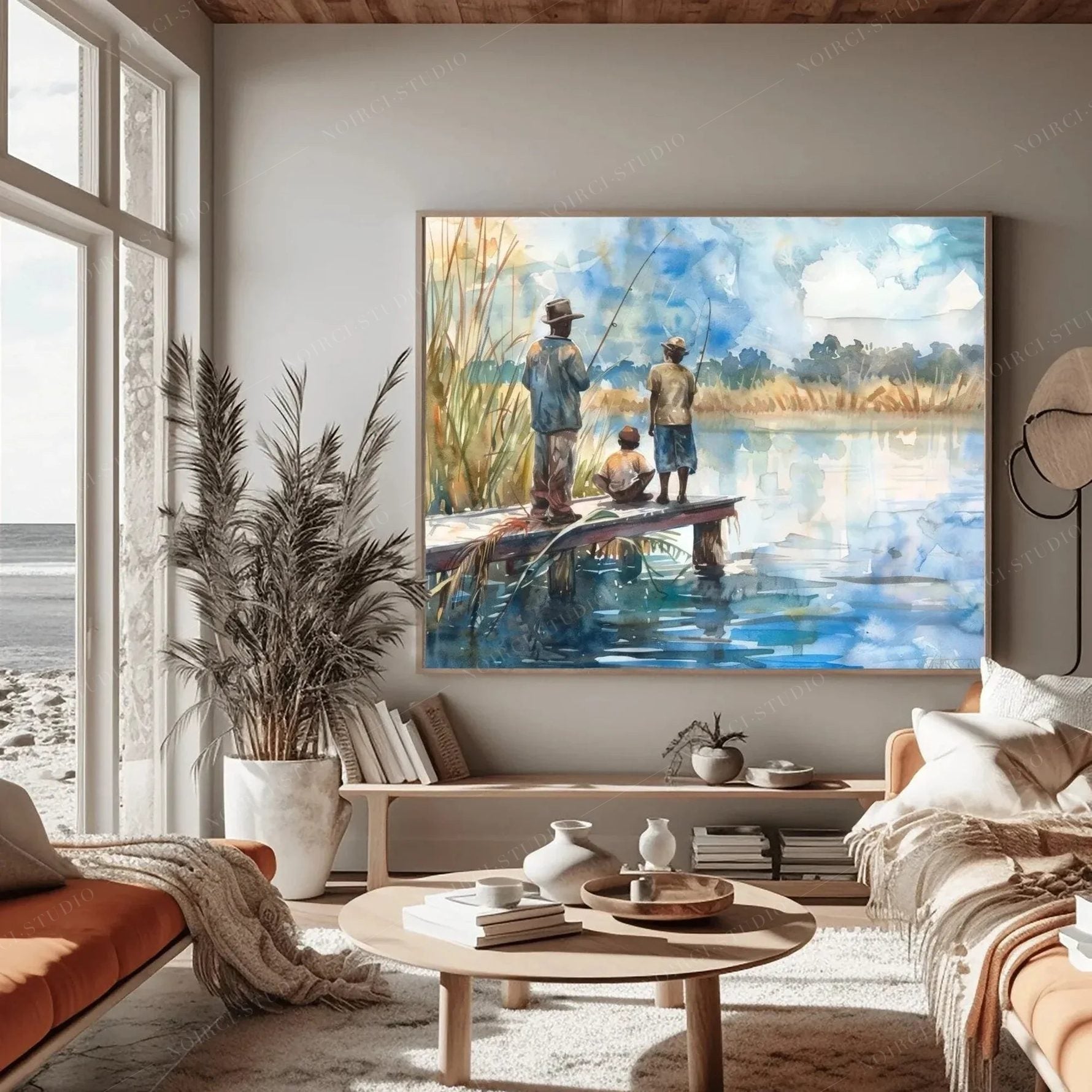 Gullah Geechee wall art in a coastal living room with pampas grass, men and a boy fishing from a wooden dock