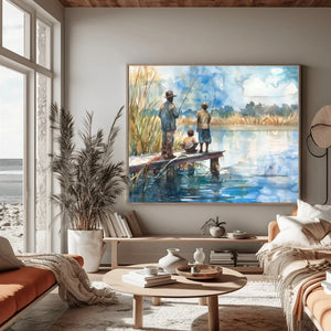 Gullah Geechee wall art in a coastal living room with pampas grass, men and a boy fishing from a wooden dock