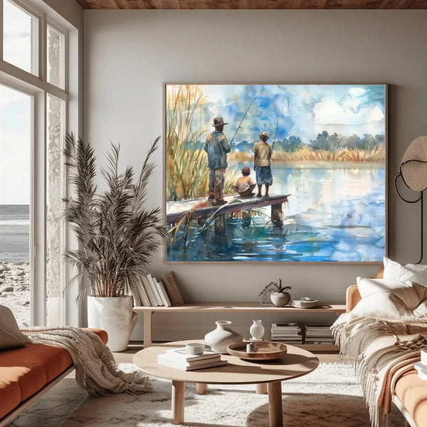 Gullah Geechee wall art in a coastal living room with pampas grass, men and a boy fishing from a wooden dock
