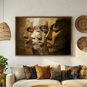 Afrohemian decor living room with mudcloth pillows and woven wall baskets, paper-craft faces of four Black men