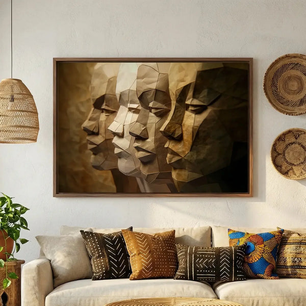 Afrohemian decor living room with mudcloth pillows and woven wall baskets, paper-craft faces of four Black men