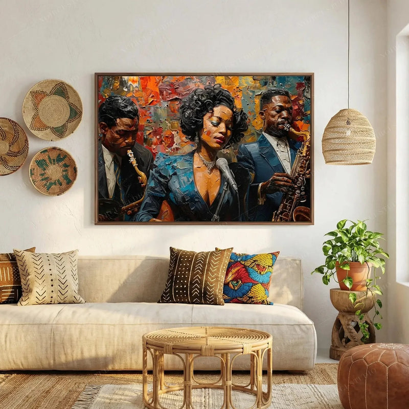 Boho living room wall art, jazz singer and saxophonists above a beige sofa with mudcloth pillows under a rattan pendant