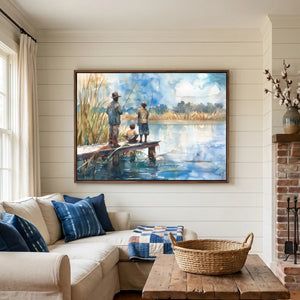 Black art for living room walls, watercolor of a fishing dock above a cream sectional with indigo pillows
