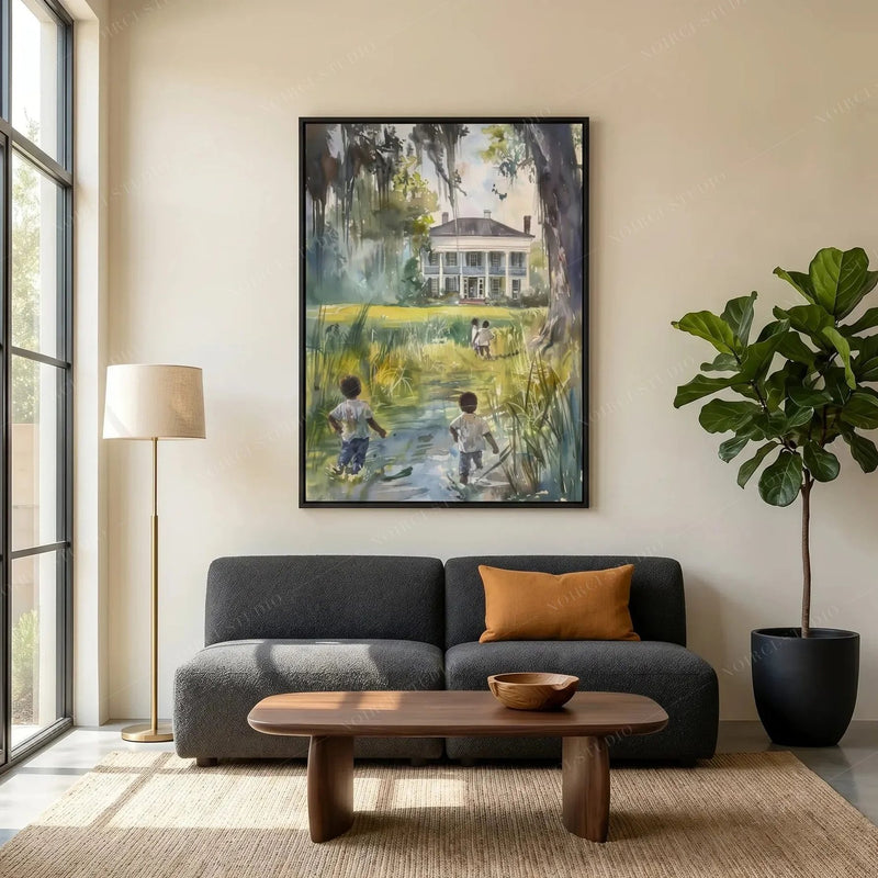 Black art for living room decor, marsh watercolor above a charcoal sofa with a rust pillow and fiddle leaf fig