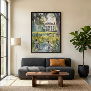 Black art for living room decor, marsh watercolor above a charcoal sofa with a rust pillow and fiddle leaf fig