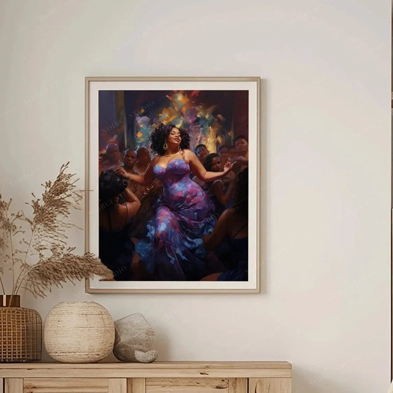 Afrohemian decor, dance painting in a light wood frame above an oak console with baskets and pampas grass