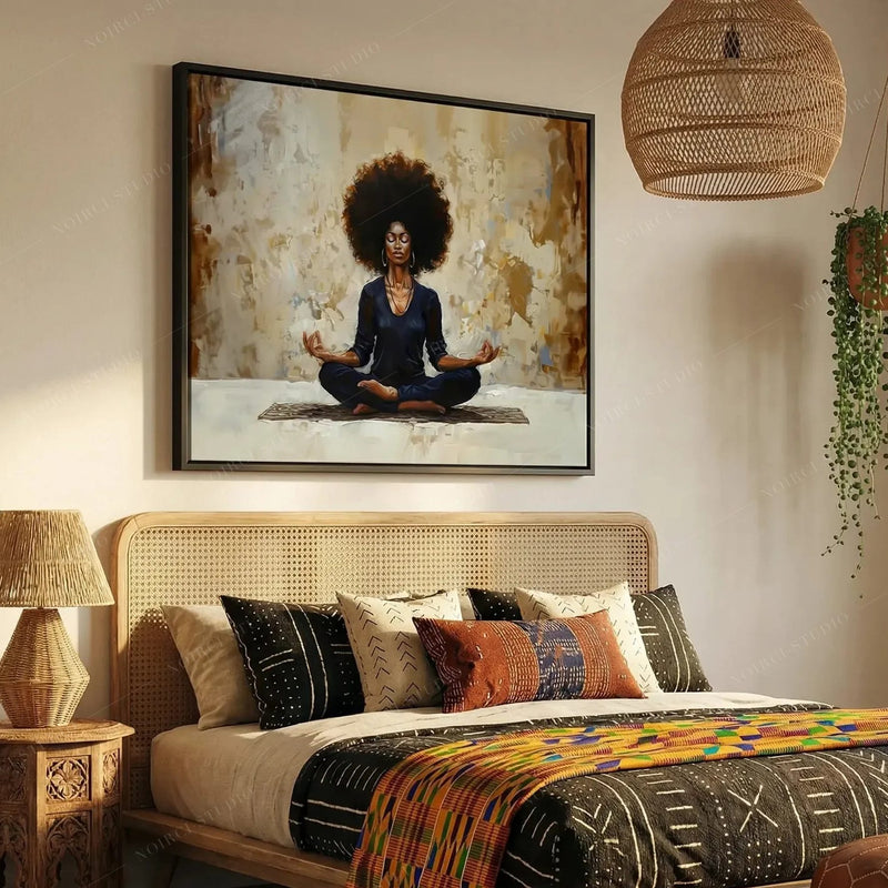 African American art for bedroom, meditation canvas in a black frame above a cane headboard and kente throw