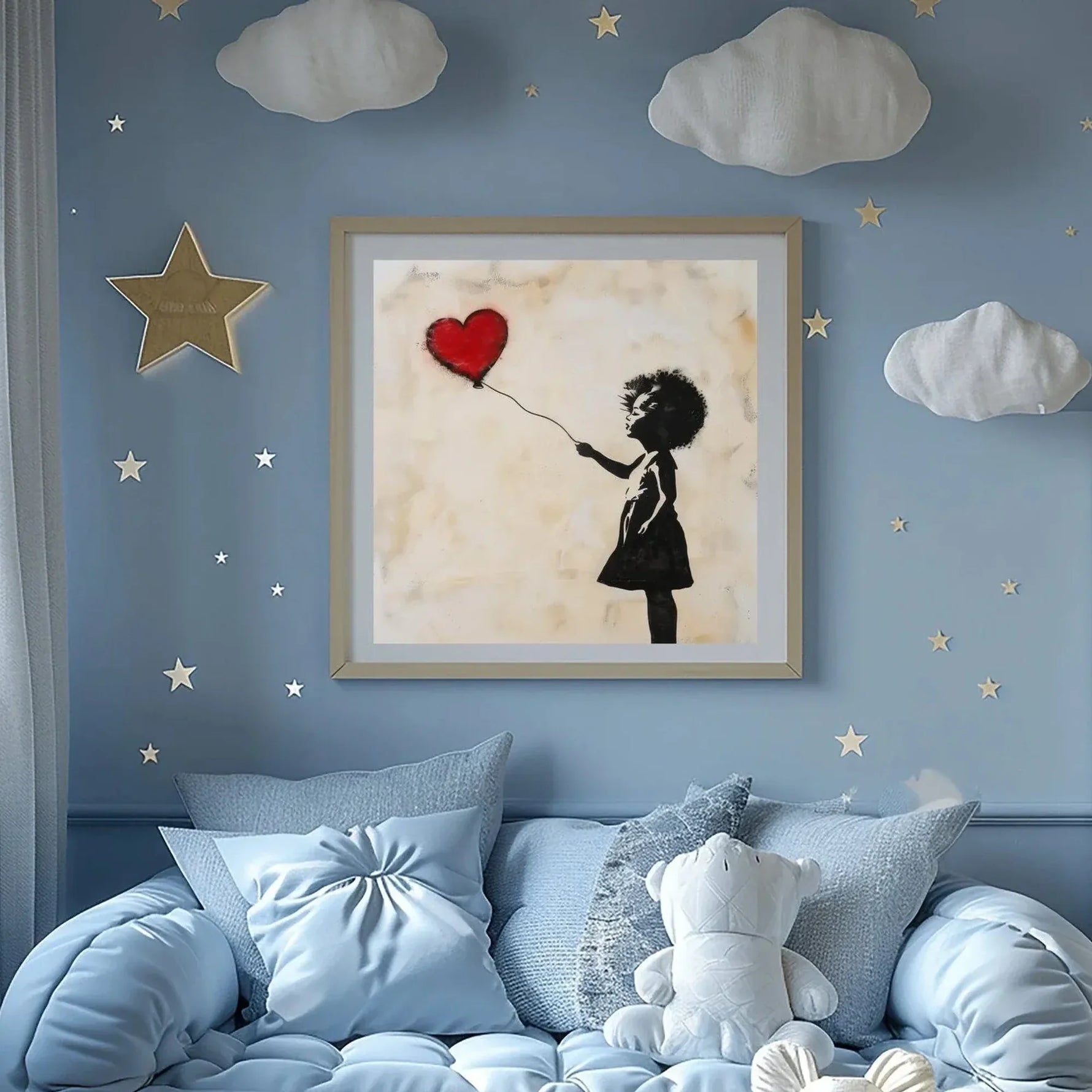 Black art for kids' rooms, girl with red balloon framed on a light blue wall with cloud and star decals