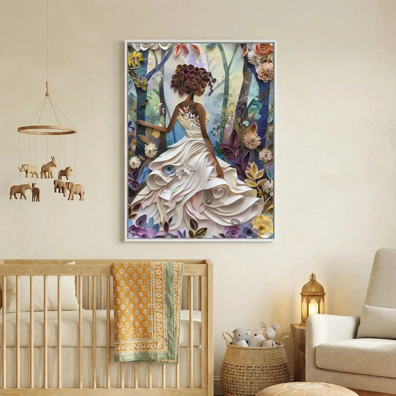 Black nursery wall art, quilled girl framed above a crib draped with a marigold throw, wooden animal mobile nearby