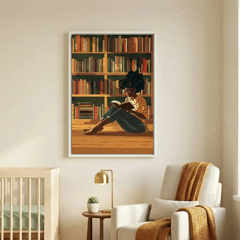 Black art for nursery walls, girl reading painting above a white crib and knit glider in a soft neutral nursery