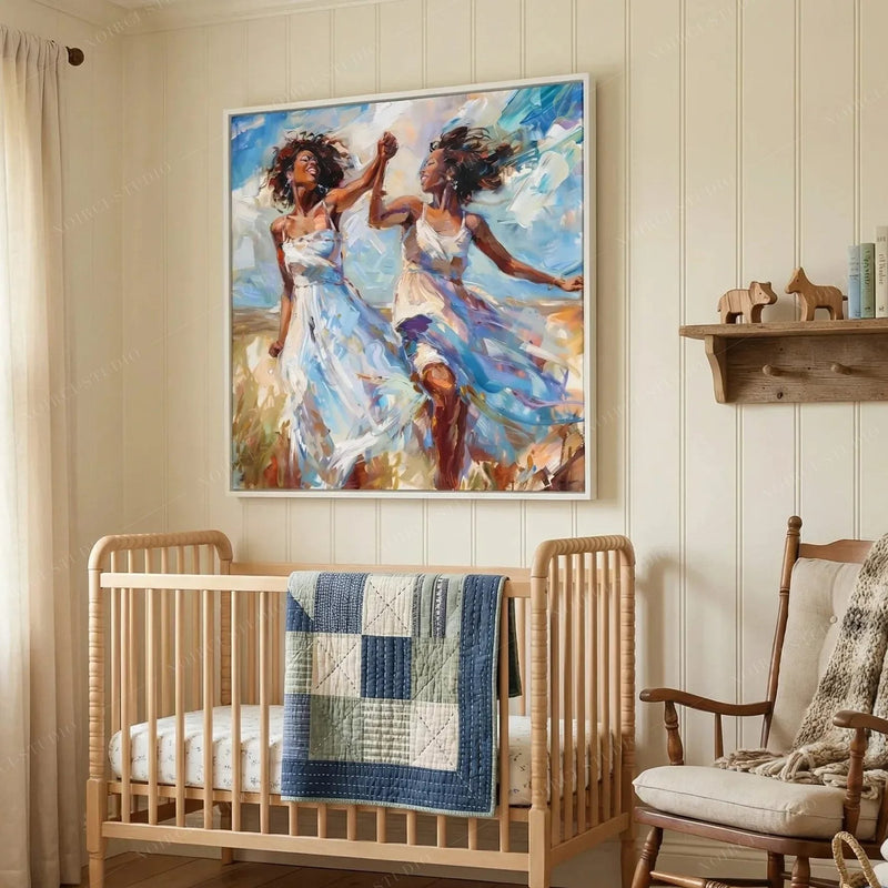 Black art for nursery walls, women dancing painting above a spindle crib with patchwork quilt and Windsor rocker