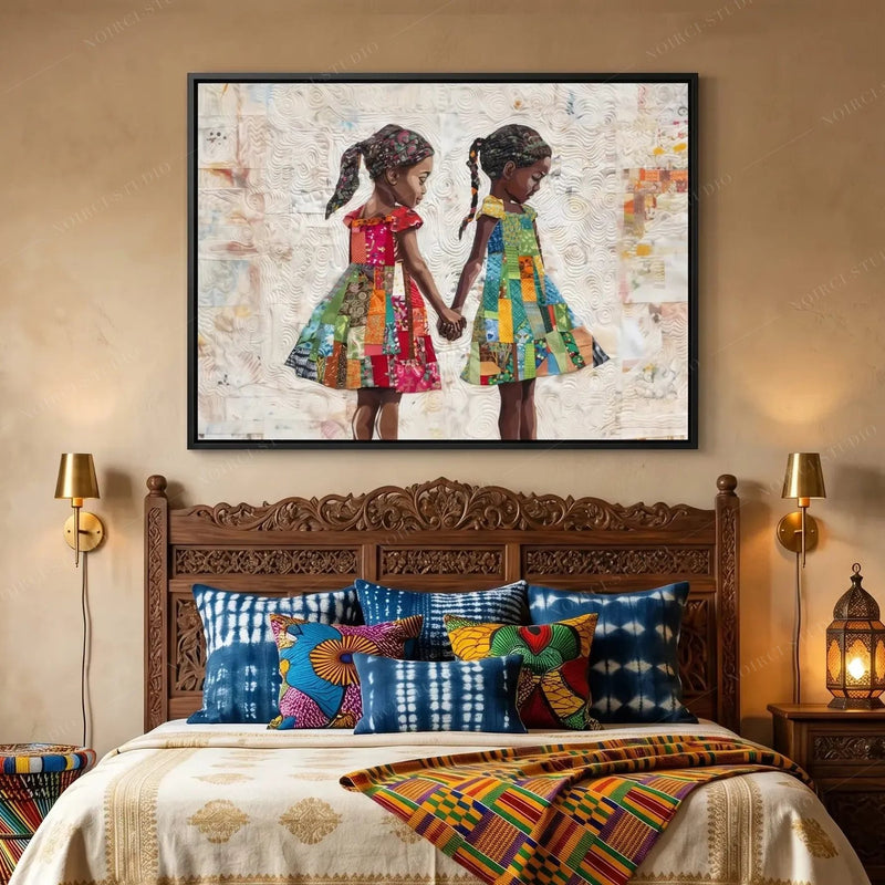 African American art for a bedroom, quilted sisters above a carved Moroccan headboard with shibori pillows and kente throw