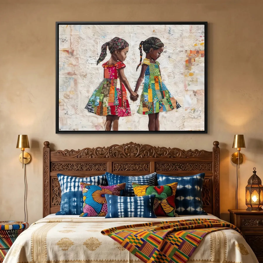 African American art for a bedroom, quilted sisters above a carved Moroccan headboard with shibori pillows and kente throw