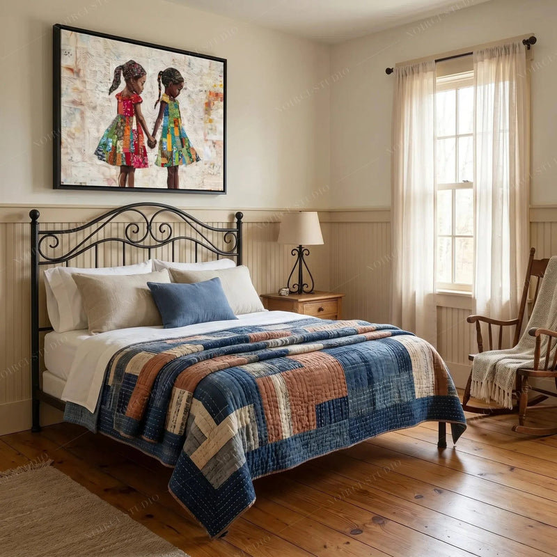 Two sisters quilt art above a black iron bed dressed in a patchwork quilt in a vintage farmhouse bedroom