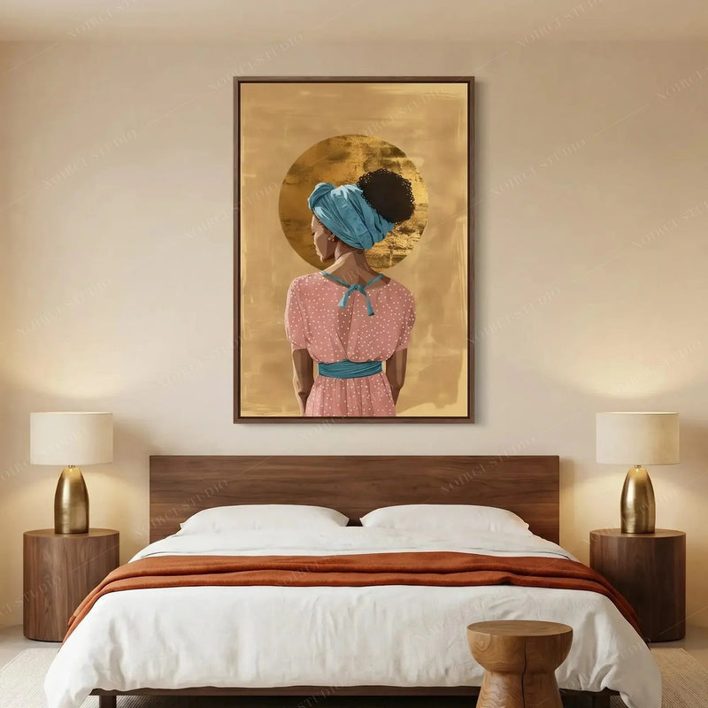 African American art for bedroom above a walnut bed with brass lamps, woman in a teal headwrap before a gold halo