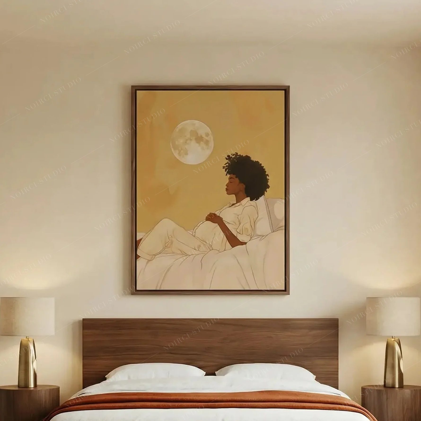 African American art for the bedroom, moon maternity canvas above a walnut platform bed with an orange throw