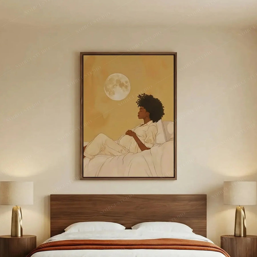 African American art for the bedroom, moon maternity canvas above a walnut platform bed with an orange throw