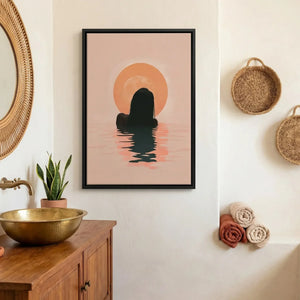 African American bathroom art, woman at sunrise in a dark frame above a brass basin and rattan mirror