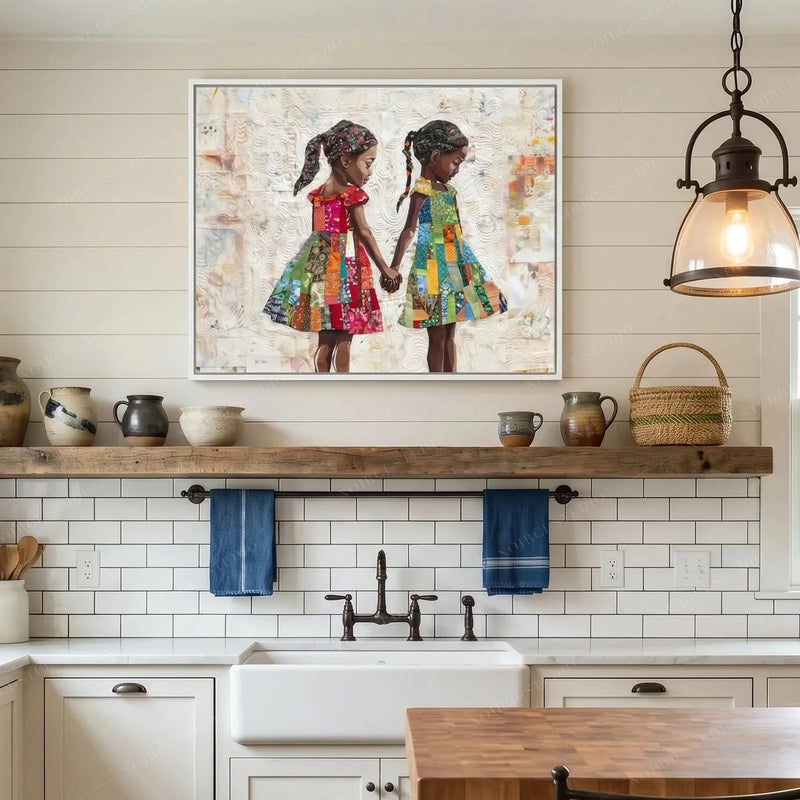 Black farmhouse wall decor, quilted girls in a white frame above a shelf of pottery and white subway tile