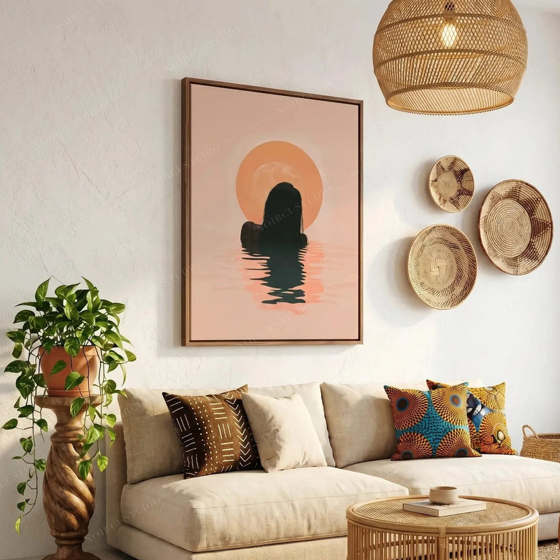 Afrohemian decor, sunrise silhouette art above a cream sofa with African print pillows and woven wall baskets