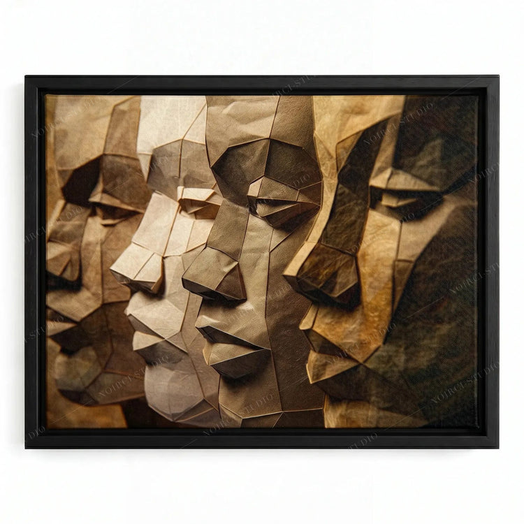 Black men unity art in a black floating frame, faceted paper-craft profiles of four men in bronze and sepia tones