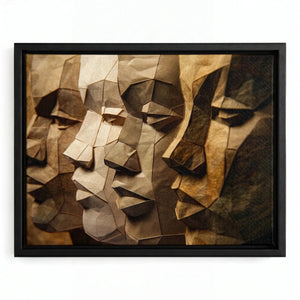Black men unity art in a black floating frame, faceted paper-craft profiles of four men in bronze and sepia tones